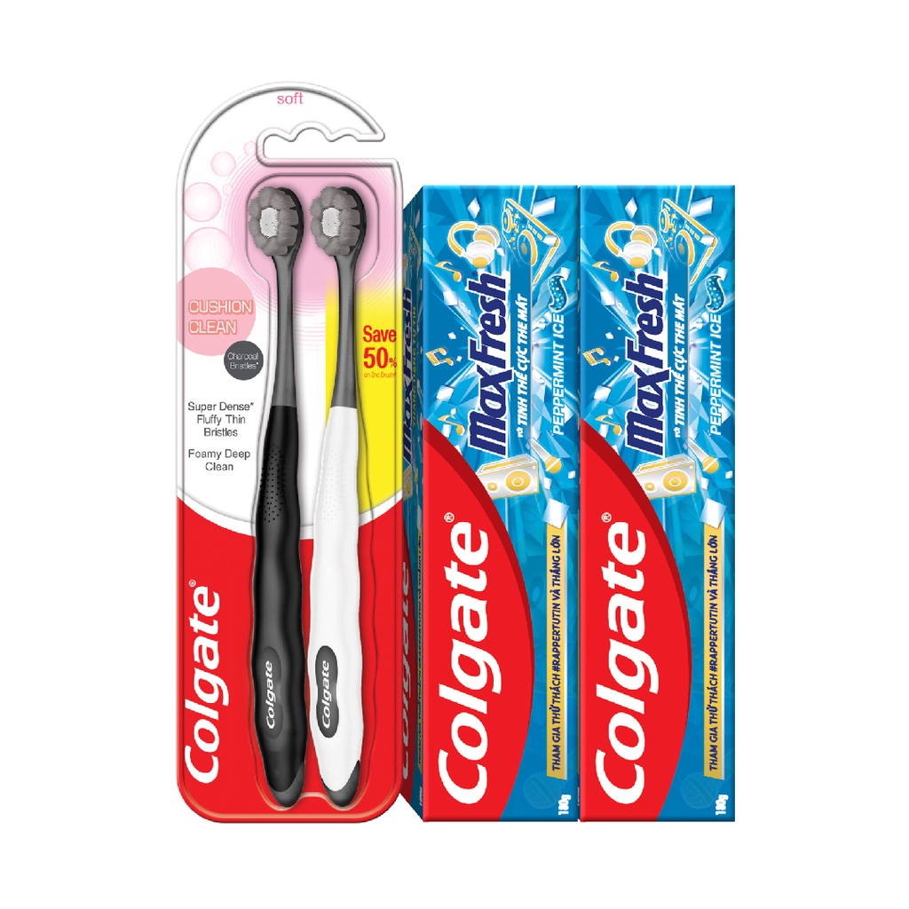 Bộ 2 Kem đánh răng Colgate Maxfresh 180g và 2 Bàn chải Colgate Cushion Clean tạo bọt siêu mịn