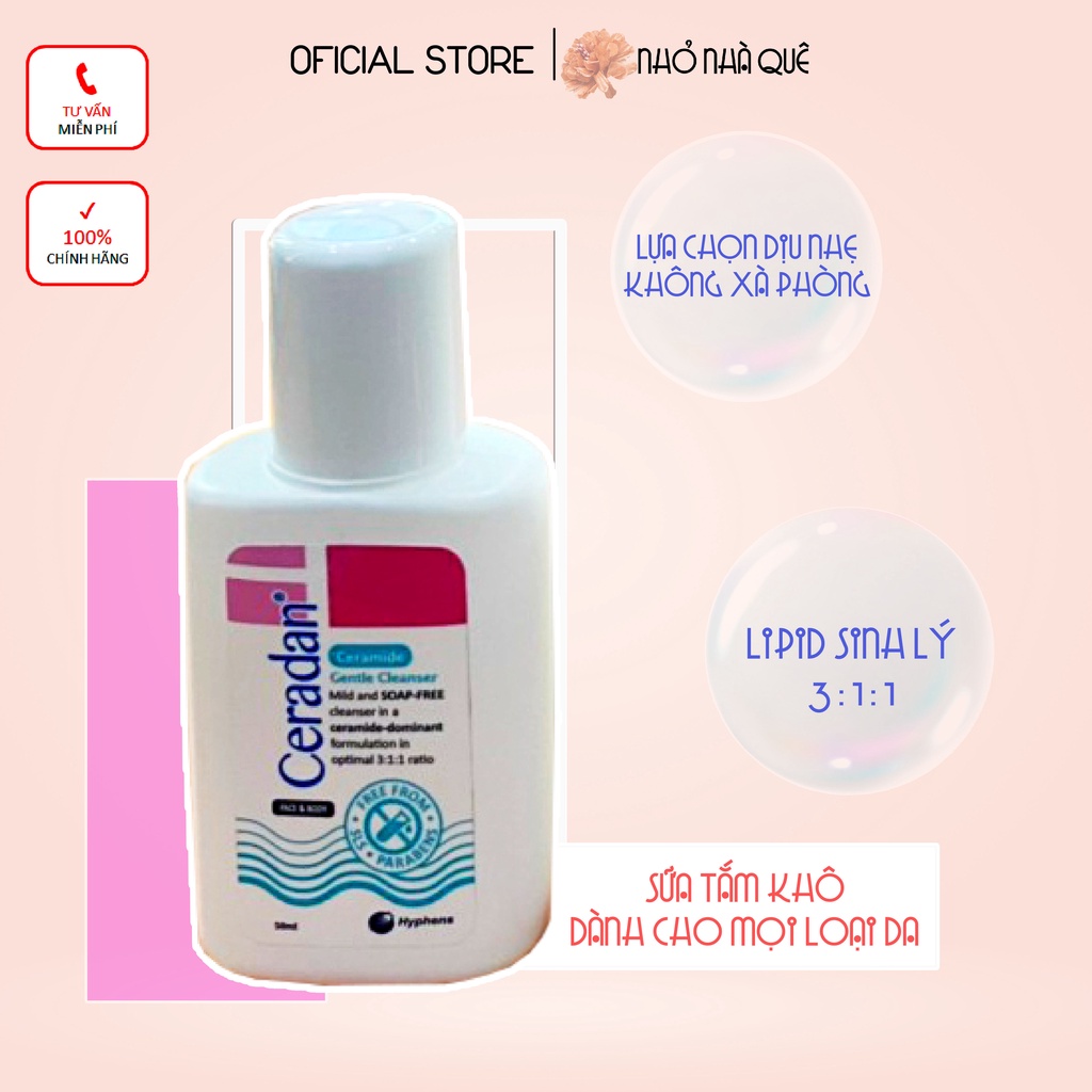 SỮA TẮM KHÔ DÀNH CHO DA NHẠY CẢM, VẢY N'ẾN, VI ÊM DA CƠ ĐỊA, VI ÊM DA DỊ ỨNG - CERADAN GENTLE CLEANSER 50ML