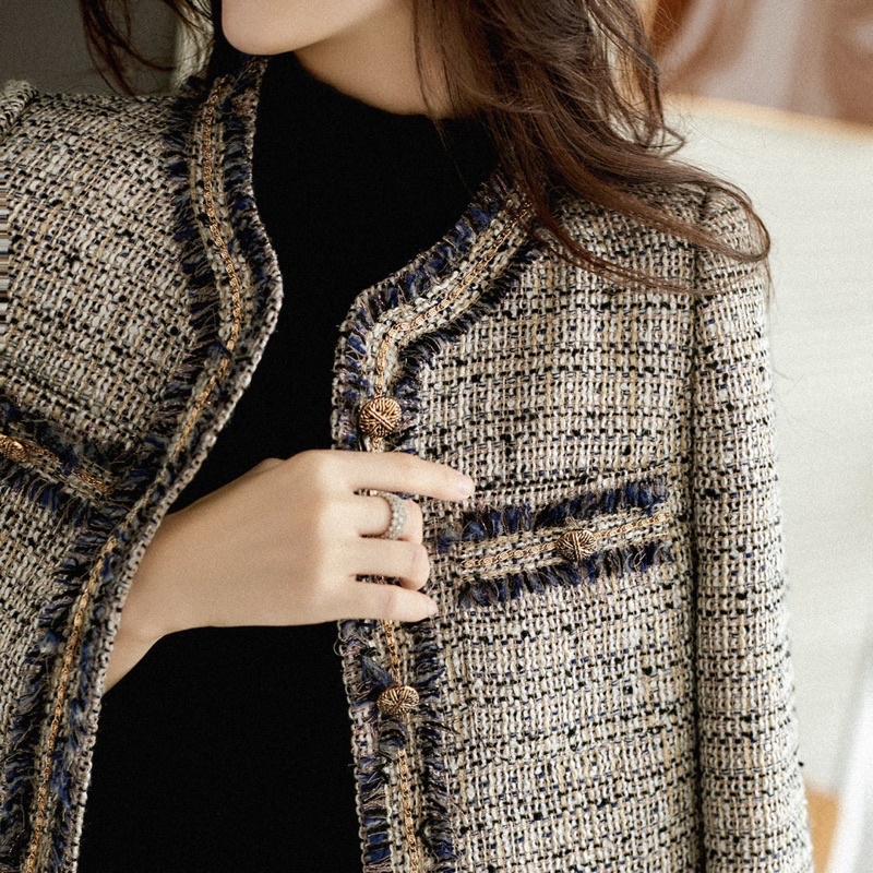 Áo Khoác Dạ Tweed, Chất Liệu Dệt Kim Sa Hàng Quảng Châu Phong Cách Hàn Quốc