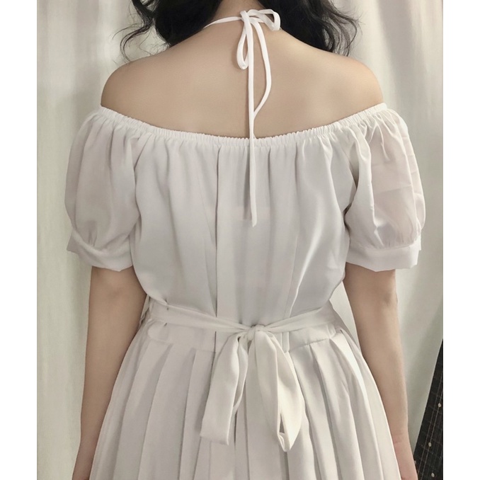 Đầm vải lụa cổ yếm trễ vai có dây thắt eo cực xinh tặng kèm scrunchie cùng màu