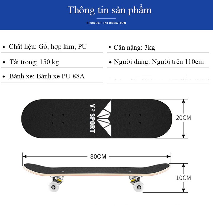 Ván trượt thể thao skateboard , ván trượt người lớn dài 80 cm chất liệu gỗ phong ép cao cấp 7 lớp mặt nhám