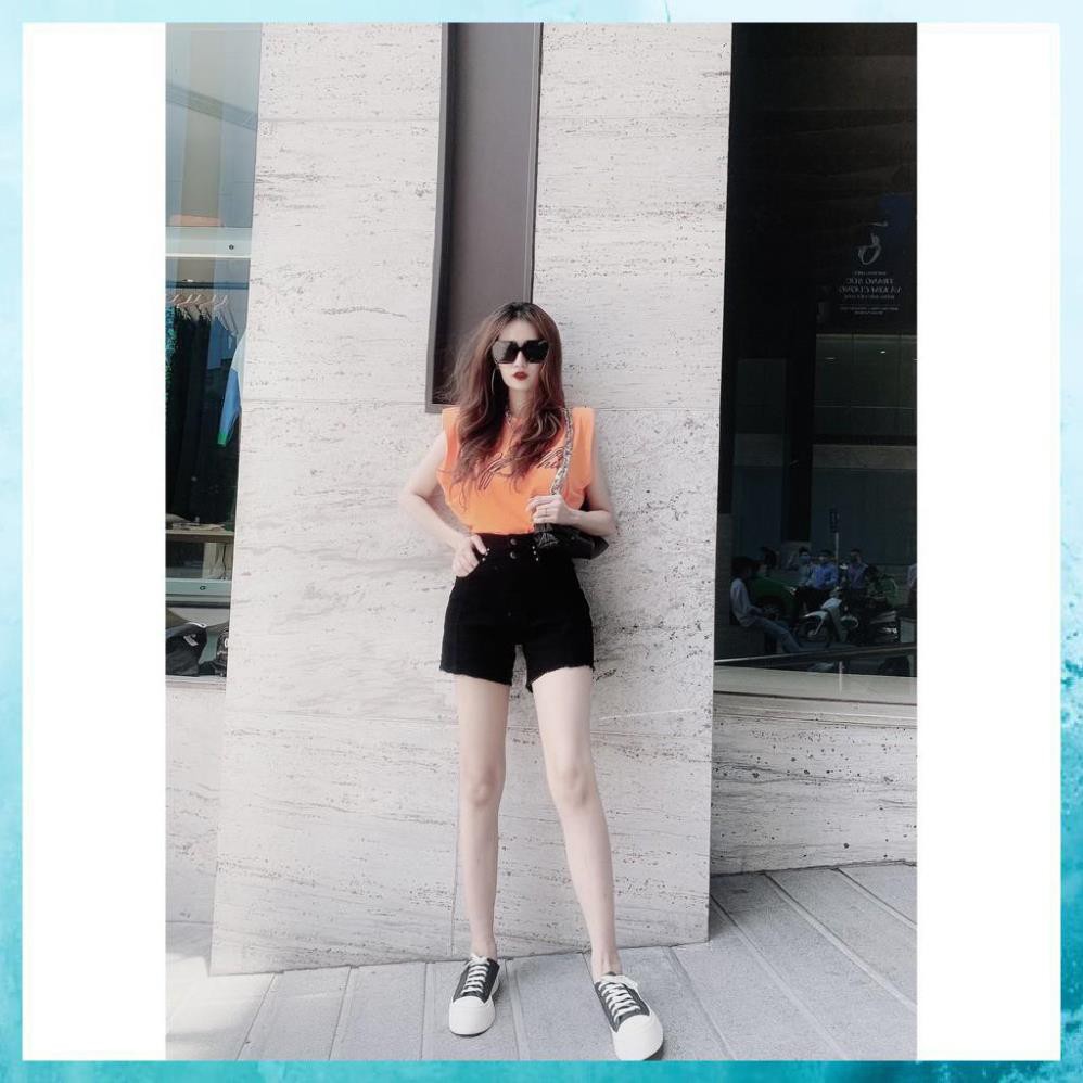 [TH Jeans] Quần sooc bò trơn gân trước, quần shorts jeans lưng cao túi chéo 2 khuy. Sooc bò S4105