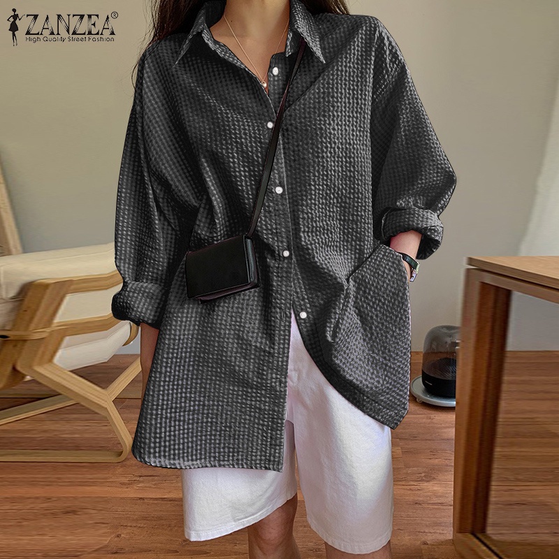 Áo kiểu ZANZEA tay dài cổ bẻ phối nút cài họa tiết caro phong cách đường phố thời trang cho nữ