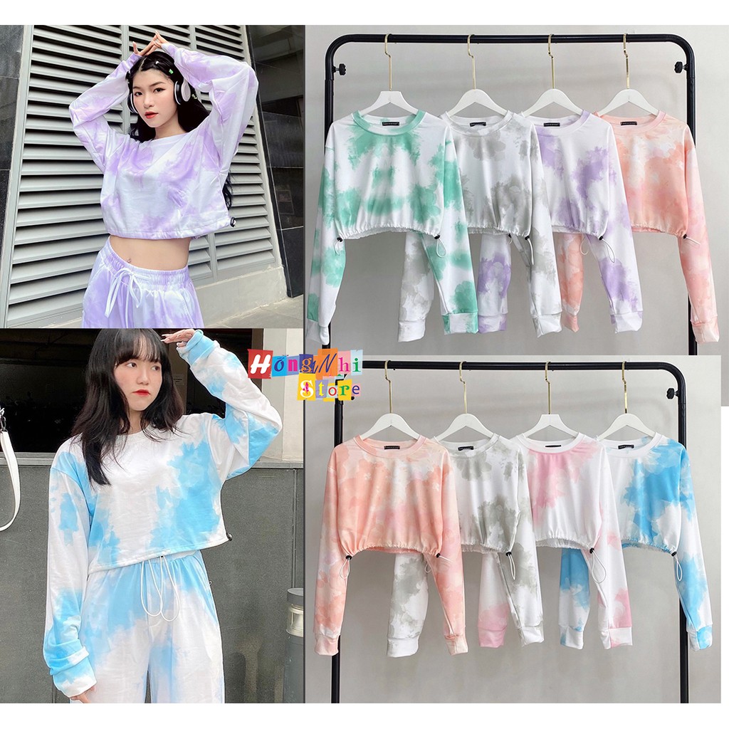 Áo Croptop Loang Màu 3D Ulzzang Rút Dây Tay Dài Dáng Rộng - MM