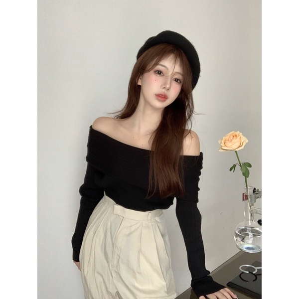 [SẴN] Áo len bẹt vai dài tay dáng dài, áo trễ vai dài tay Hàn Quốc | BigBuy360 - bigbuy360.vn