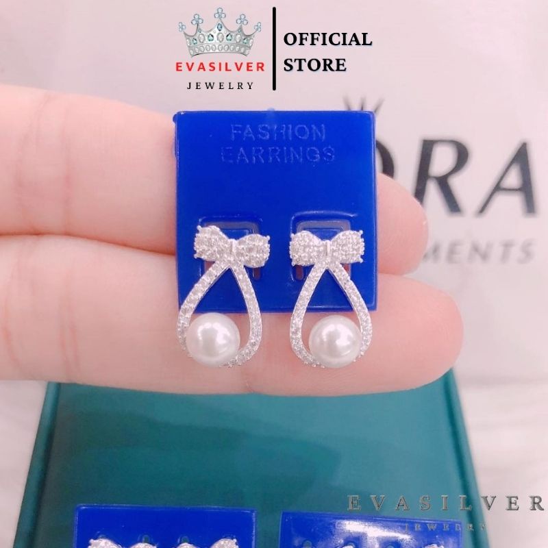 Bông tai bạc cao cấp Evasilver hình lơ đính ngọc trai, Khuyên tai chất liệu bạc ta sang trọng nữ tính