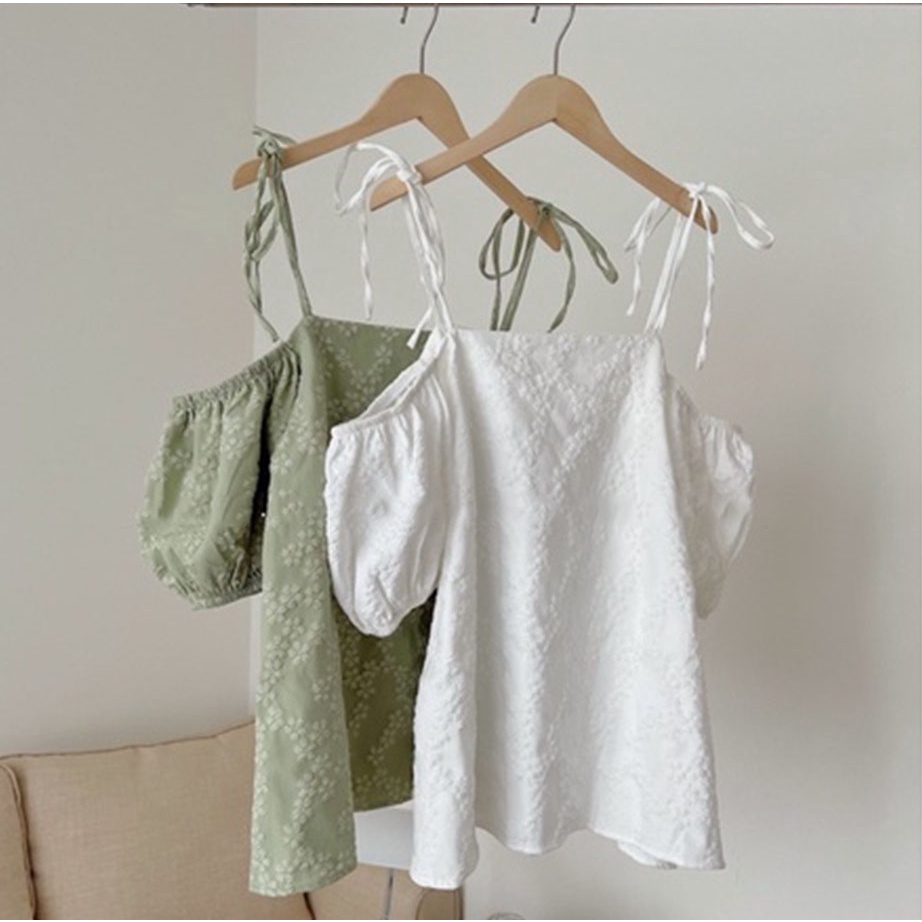 Áo 2s trễ vai hoa gấm buộc dây có thể điều chỉnh hàng quảng châu cao cấp-Minxy shop