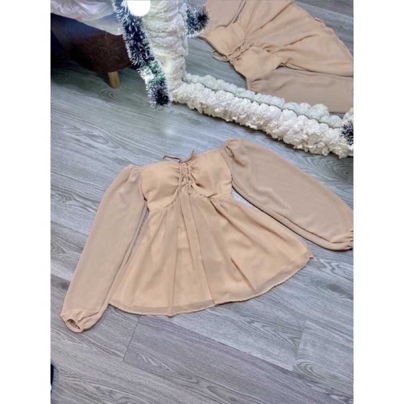 áo trễ vai tay phồng tiểu thư dáng babydoll,áo bẹt vai voan bánh bèo cúp ngực may kèm mút