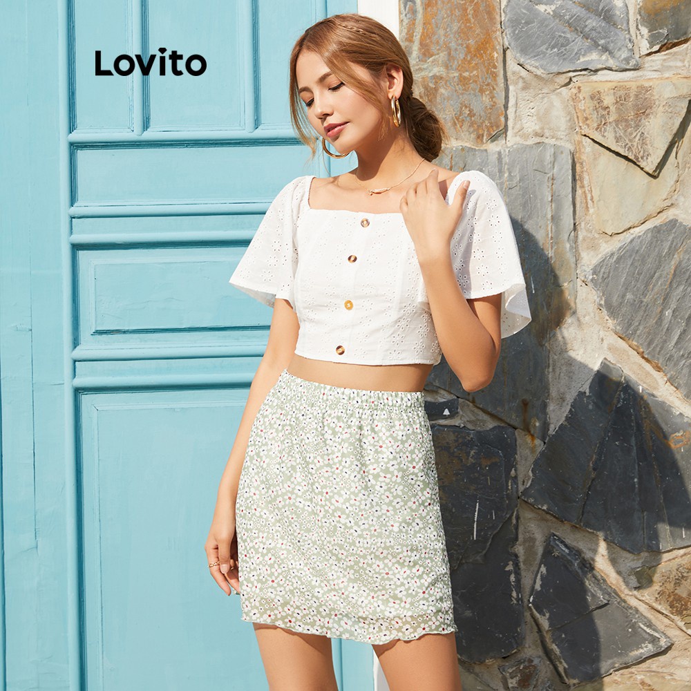 Áo kiểu Lovito tay áo loe gài khuy thiết kế cắt xẻ màu trơn phong cách thường ngày L14D018 (Màu trắng)