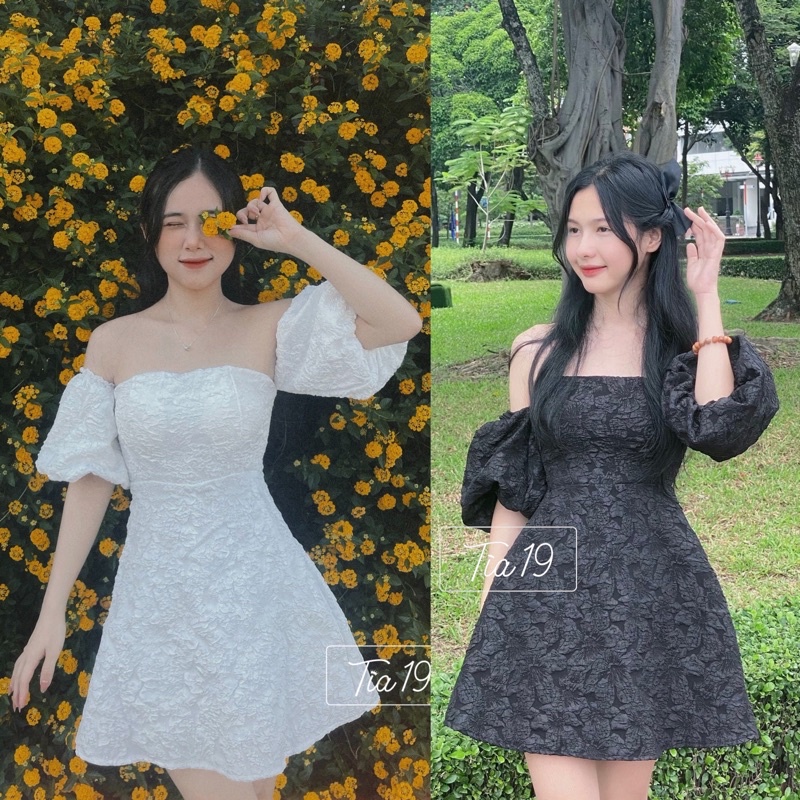 Váy gấm trễ vai tay bồng Tia19. Đầm bẹt vai tay bồng