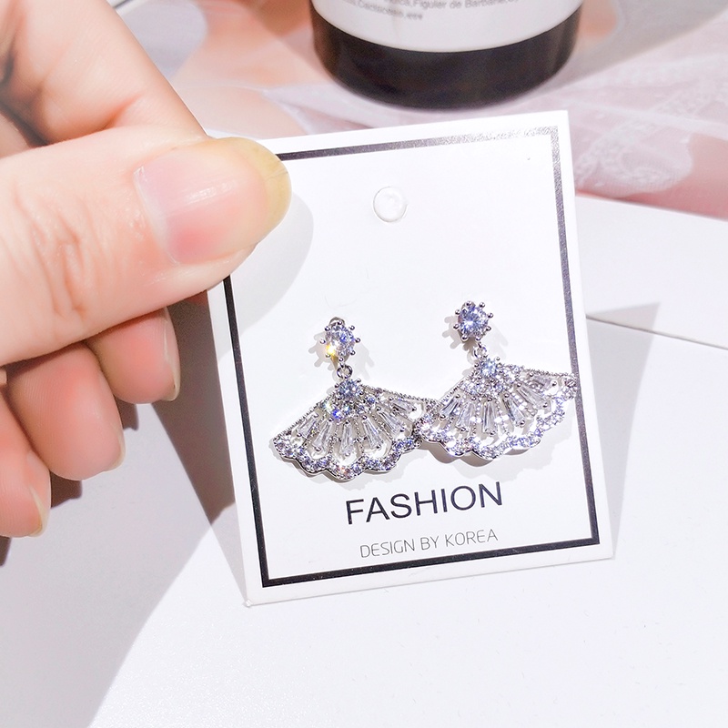 Khuyên tai JIUDUOLAN dạng quạt thiết kế đính đá zircon phong cách Hàn Quốc thời trang sang trọng dành cho nữ