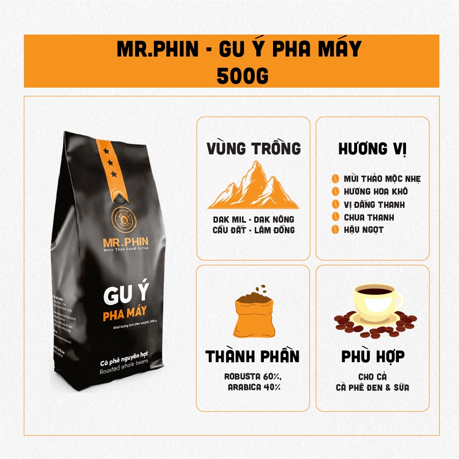 Cà phê Gu Ý Pha Máy 500g với 100% Cà Phê Nguyên Chất Mr. Phin Coffee