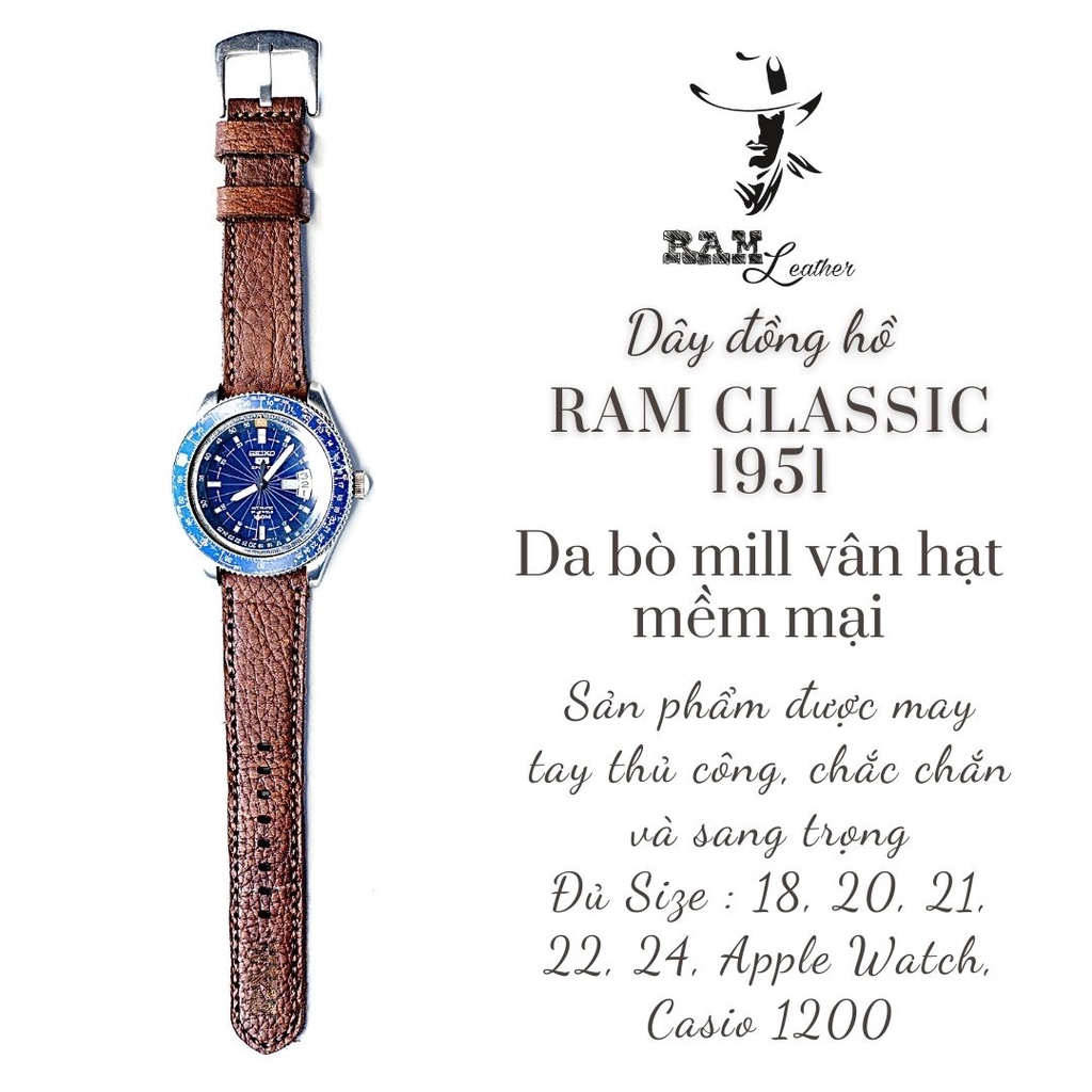 Dây đồng hồ da bò nâu mận cao cấp - RAM Classic 1951