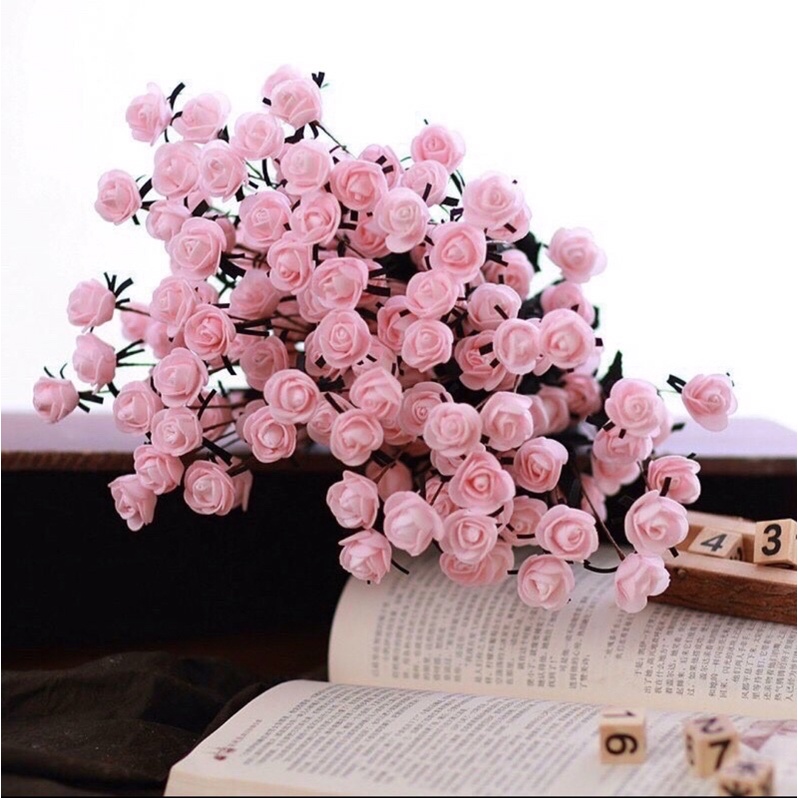 Hồng mini dạng bụi hoa giả,hoa giấy,cành 15 bông hoa nhí