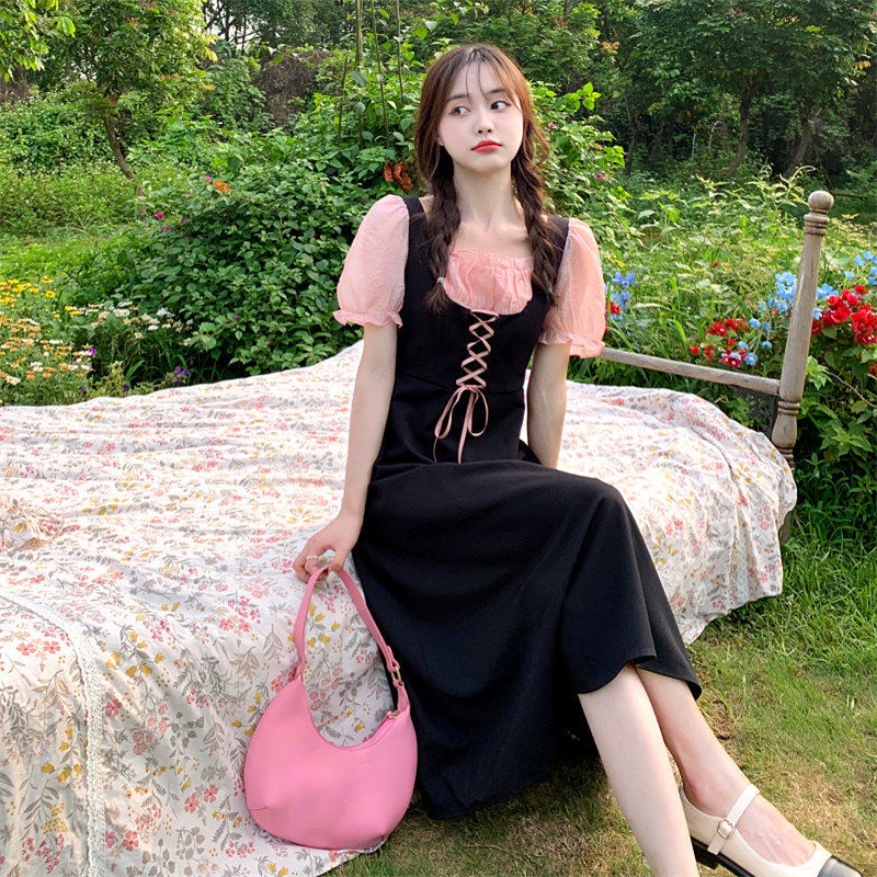 Đầm Dài Cổ Vuông Tay Phồng Giả Hai Mảnh Phong Cách Pháp Thời Trang Mùa Hè Hàng Mới Dành Cho Nữ Cỡ Lớn 2022