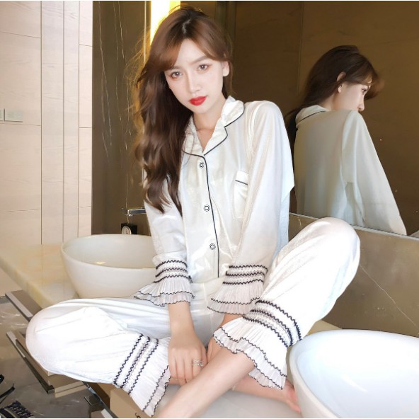 Bộ mặc nhà nữ nhung/ cotton dài tay phối ren - Pyjama thu đông - Kiểu dáng Hàn Quốc