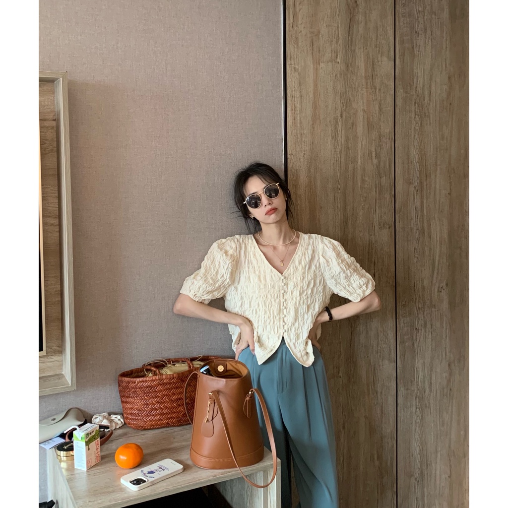 Áo kiểu SUXI tay ngắn phồng cổ chữ v màu sắc đơn giản phong cách Hàn Quốc cho nữ