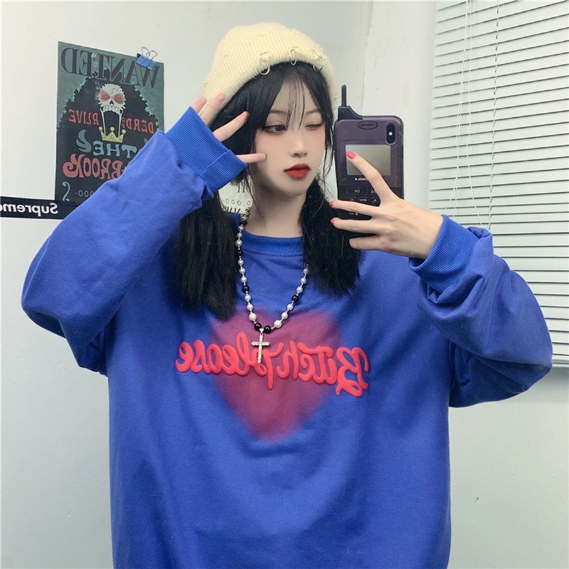 ZHELIHANGFEI Áo Sweater Dáng Rộng Hoạ Tiết Trái Tim Hợp Thời Trang