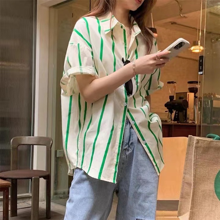 Áo Sơ Mi Ngắn Tay Họa Tiết Kẻ Sọc Màu Sắc Tương Phản Thời Trang Mùa Hè