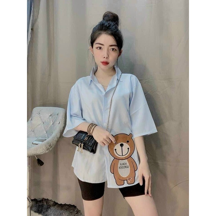 Sét áo sơ mi tay lỡ form rộng in hình gấu phối quần ngố leggin cực hot