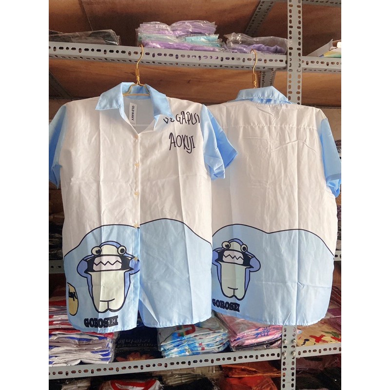 Áo sơ mi hình chú gấu xanh oversize phong cách dễ thương