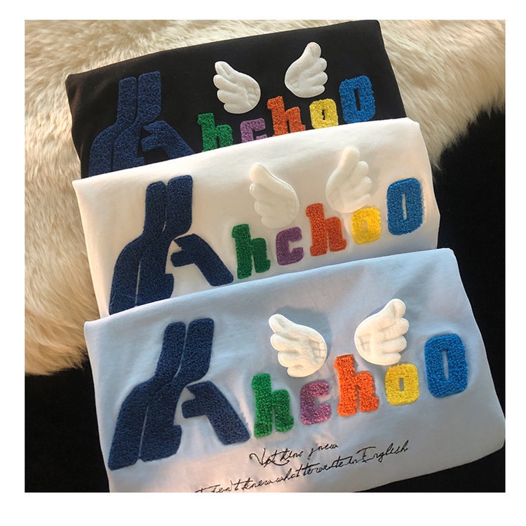 Áo Thun Cotton Mùa Hè Thêu Hình Đôi Cánh Thiên Thần Phong Cách Mới Cho Nữ