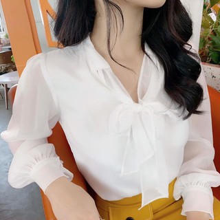 Áo tơ dài tay CỔ THẮT NƠ