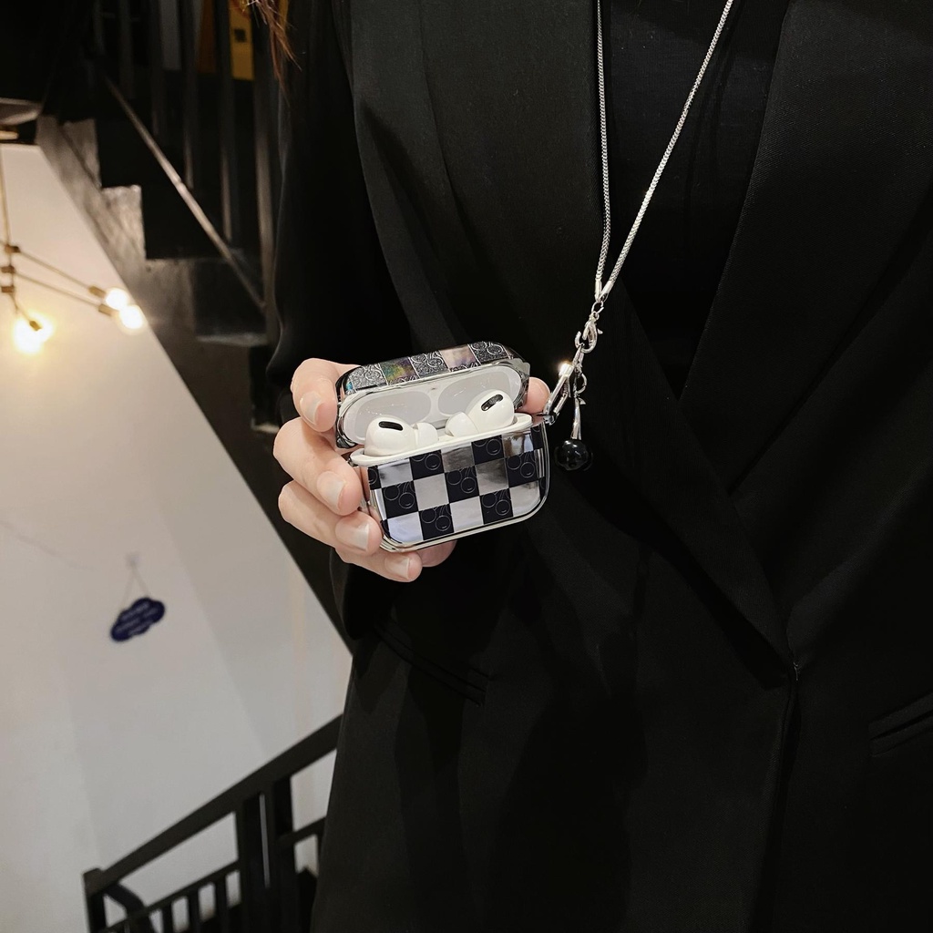 Vỏ Bảo Vệ Hộp Sạc Tai Nghe AirPods 1 2 Pro 3 2021 Bluetooth Bằng TPU Mềm Mạ Điện Họa Tiết Cherry Phối Sọc Caro Sáng Tạo