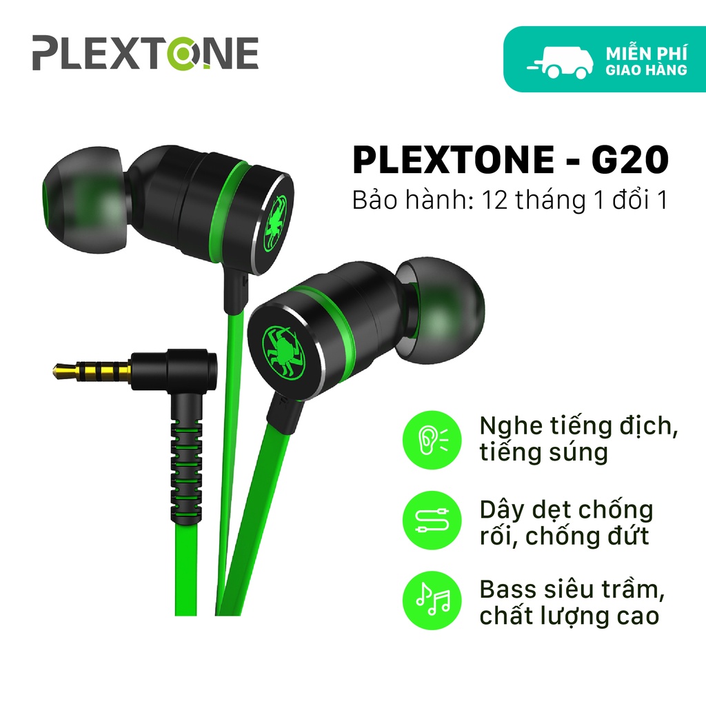 Tai nghe Game thủ, tai nghe in ear gaming Plextone G20 dây dẹt chống rối, Jack 3.5mm chữ L chống gẫy, bảo hành 12 tháng.