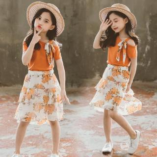 Set áo thun ngắn tay + chân váy hoa chiffon cho bé gái