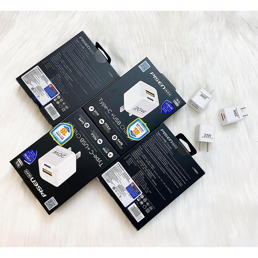 Cốc sạc nhanh 2 cổng Pisen KPQ201 mini - hỗ trợ USB QC 3.0 và TypeC PD 20W (Trắng) Phụ kiện 1986