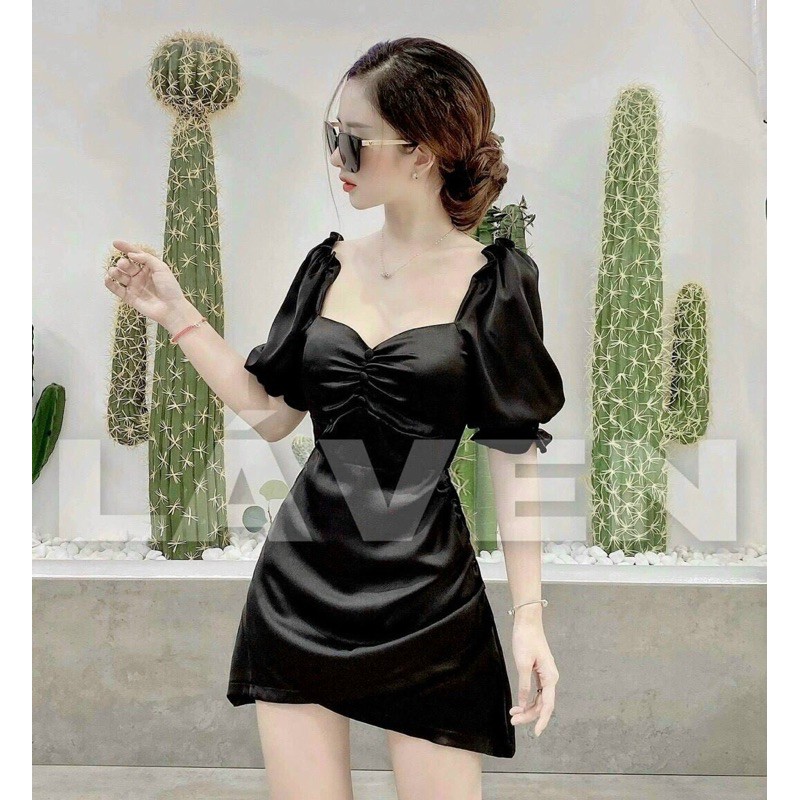 Đầm body ngắn tay phồng trể ngực có mút,chất kate mặt mát
