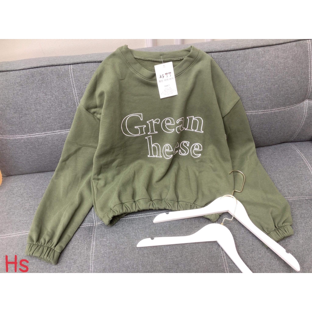 Áo croptop nỉ dài tay dáng thụng grean màu xanh in chữ cá tính, có ảnh và video thật, size s-xl