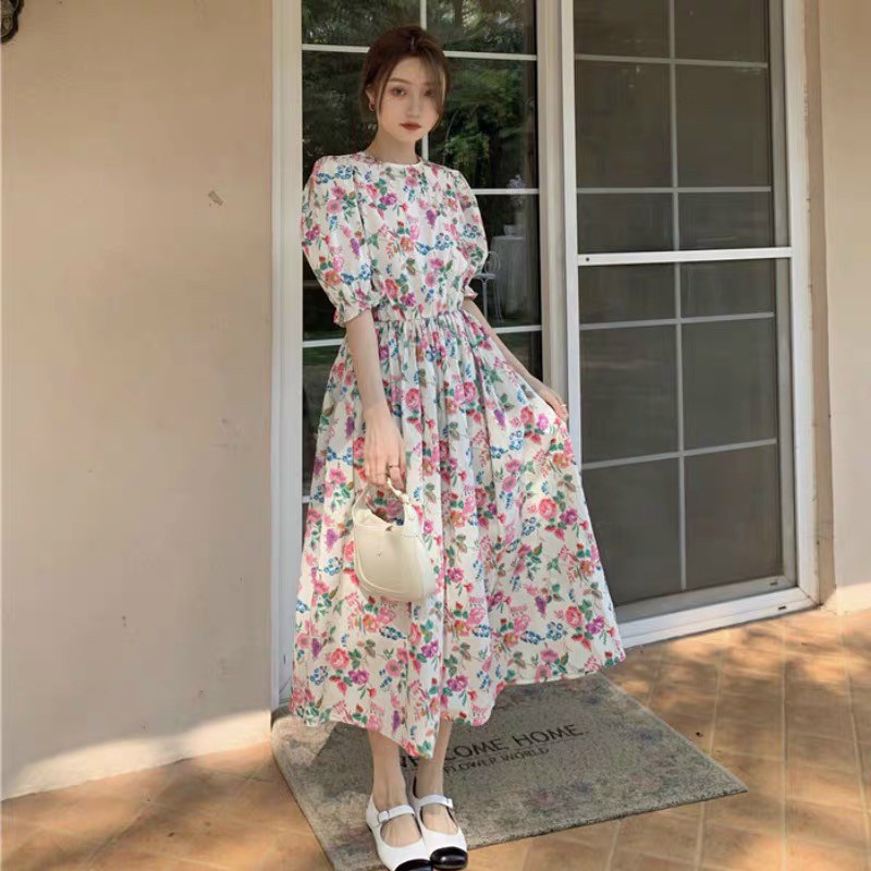 Đầm Voan Lụa Cổ Tròn Tay Dài Kết Hợp In Bông Hoa Xinh Xắn TTSA1681