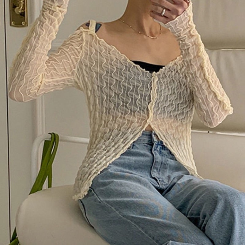 Áo Khoác Lưới Xuyên Thấu Trễ Vai Chống Nắng Dáng Ôm Thời Trang Hàn Quốc Cho Nữ