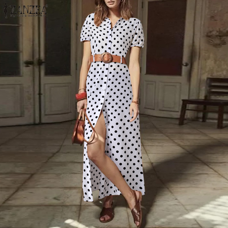 Đầm Dài ZANZEA Chia Đuôi Cho Nữ Ngắn Tay Có Cổ In Chấm Bi Khóa Nút | BigBuy360 - bigbuy360.vn