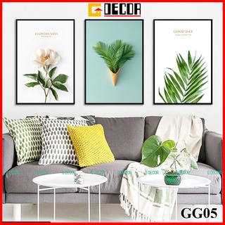  Tranh treo tường canvas khung gỗ 3 bức hiện đại tranh hoa lá trang trí phòng khách phòng ngủ spa 05 