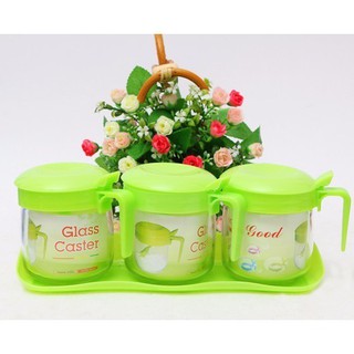 [ TẶNG MUỖNG ] BỘ 3 HŨ THỦY TINH ĐỰNG GIA VỊ KÈM KHAY TIỆN LỢI