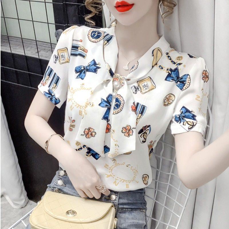 Áo sơ mi chiffon tay ngắn phồng in hoa thời trang mùa hè cho nữ