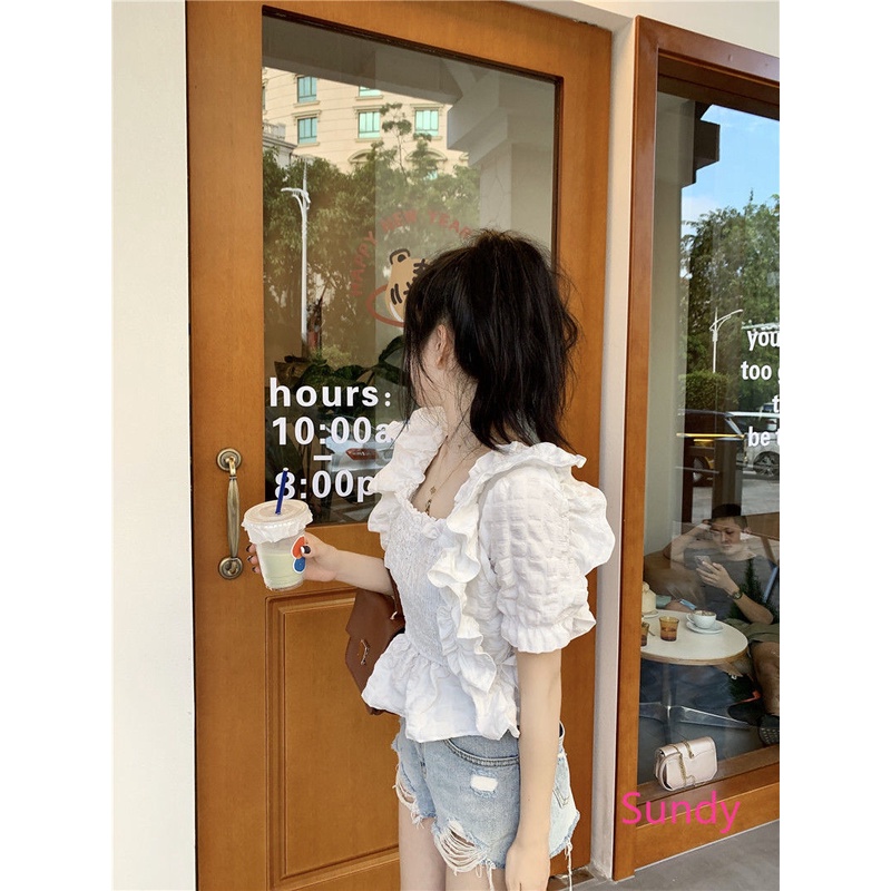 Áo Kiểu Tay Phồng Cổ Vuông Xếp Ly Phong Cách Pháp Thời Trang Hè Cho Nữ