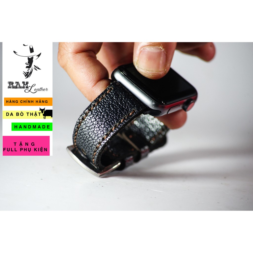 Dây Apple Watch , iWatch , iphone Watch da bò vân cá mập vintage RAM Leather classic 1956 đen thép