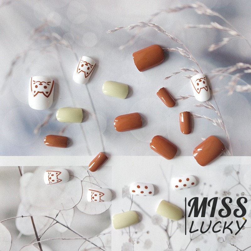 ❤HHN-VN Summer Cartoon Young Girl Heart Nail Patch Hyuna Style Cute Cartoon kitten Wave Point Students Wearable Fake Nai