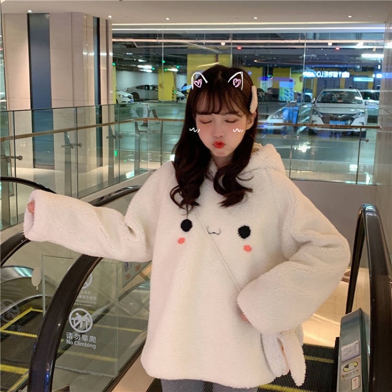 Áo lông cừu tai thỏ kèm túi đeo chéo 🌸Áo hoodie lông dài tay phong cách ulzzang