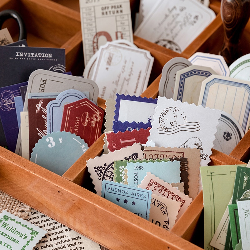 Set 40 giấy kraft ghi chú có keo dán thiết kế tem vintage trang trí thẻ LOMO đa dụng