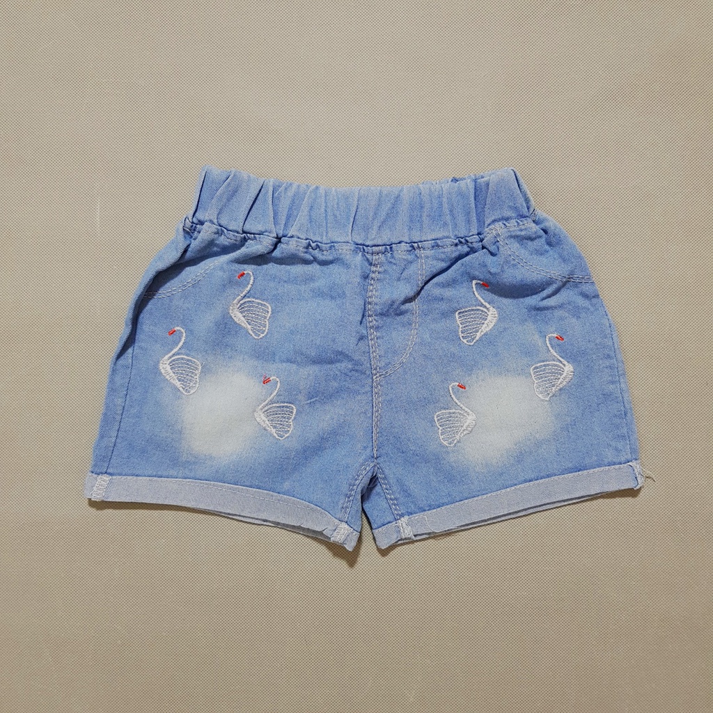 Quần short jean  lật lai bé gái thêu thiên nga