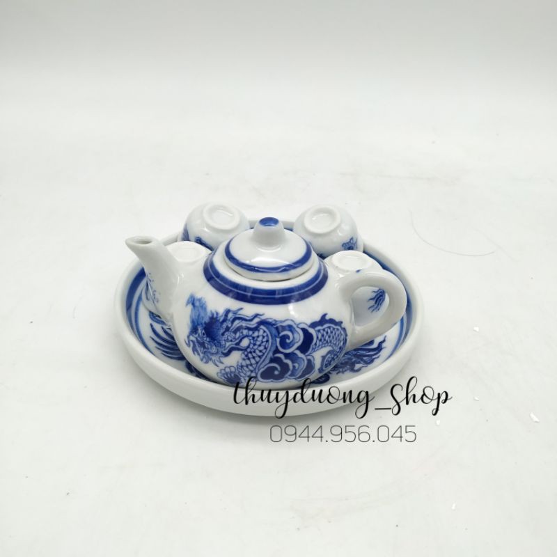 Bộ ấm trà thờ men lam vẽ rồng , sen