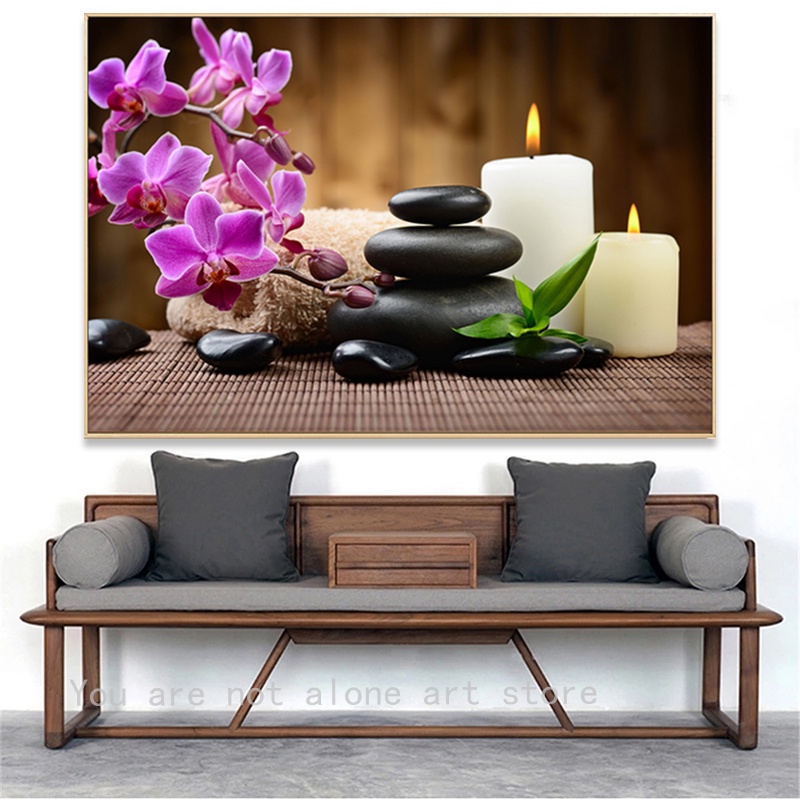 Tranh Vải Bạt Treo Tường In Hình Hoa Phong Lan / Nến Đá Spa Hiện Đại Trang Trí Nhà Cửa / Phòng Tắm