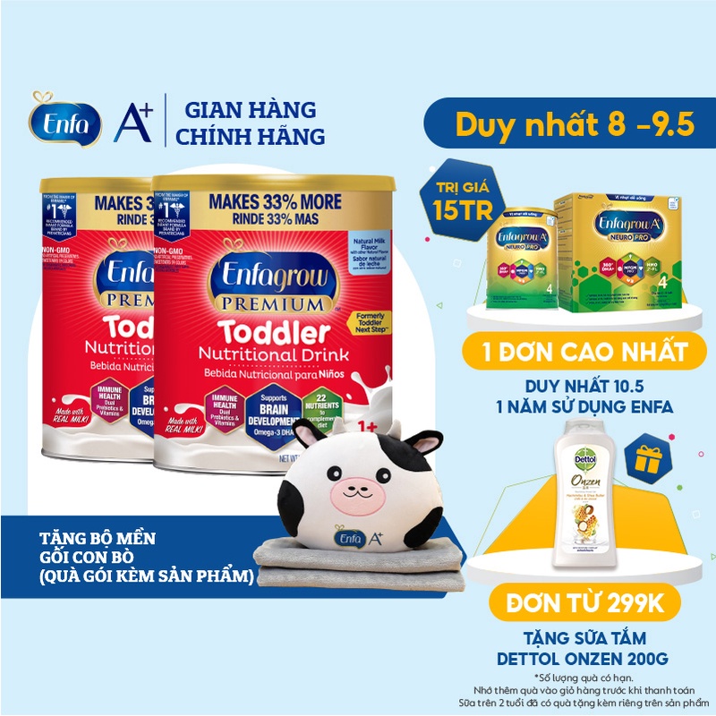 [Tặng Bộ Mền Gối Bò Sữa] Bộ 2 lon Sữa Bột Enfagrow Premium Toddler Hương Tự Nhiên 907g