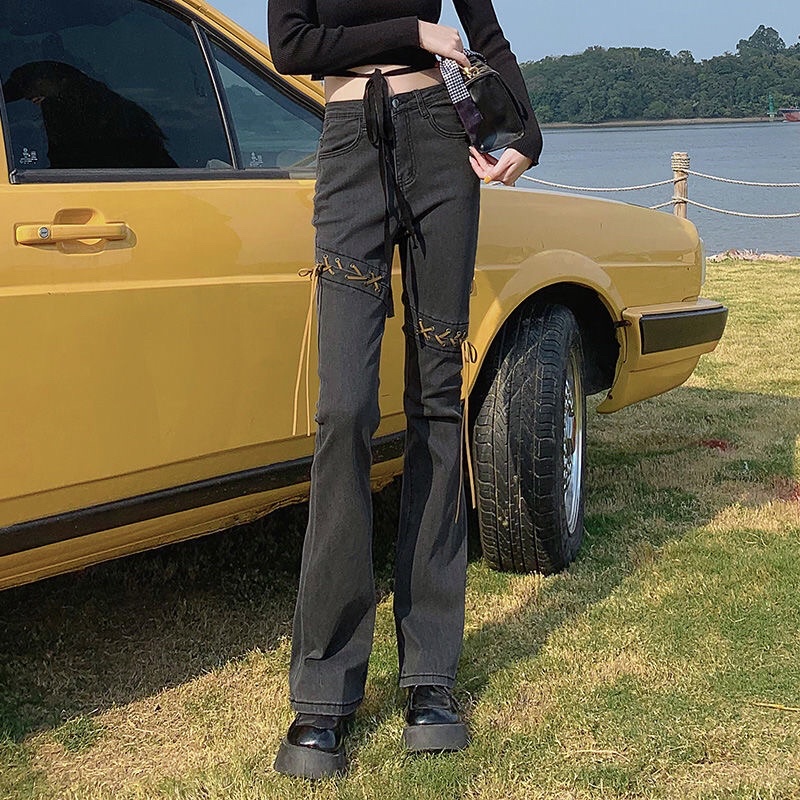 Quần jeans thắt gối đan dây douyin phong cách retro