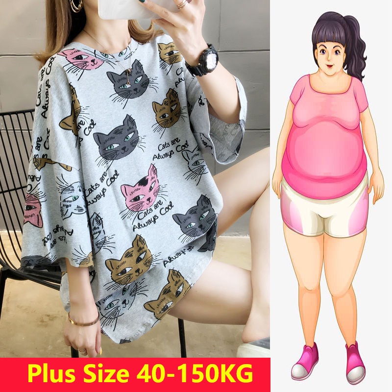 Áo Thun Dáng Rộng Tay Lỡ Cổ Tròn In Hình Mèo Hoạt Hình Size Lớn 40-150KG C8127 Dành Cho Nữ